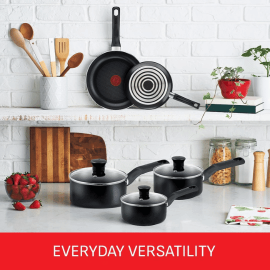 Tefal Essential Non-Stick 5-Piece Pan Set, Glass Lids, Black