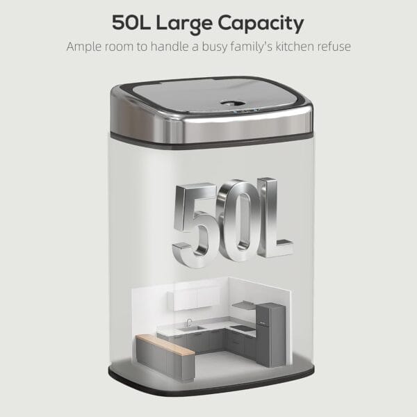 HOMCOM 50L Sensor Bin with Soft-Close Lid Automatic Kitchen Bin Silver Tone Electronic Touchless Motion Sensor