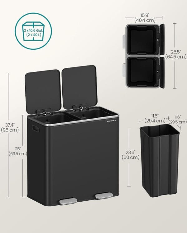 61Hc7WUw6qL._SL1500_ SONGMICS Dual Rubbish Bin, Metal Recycling Bin with 15 Rubbish Bags