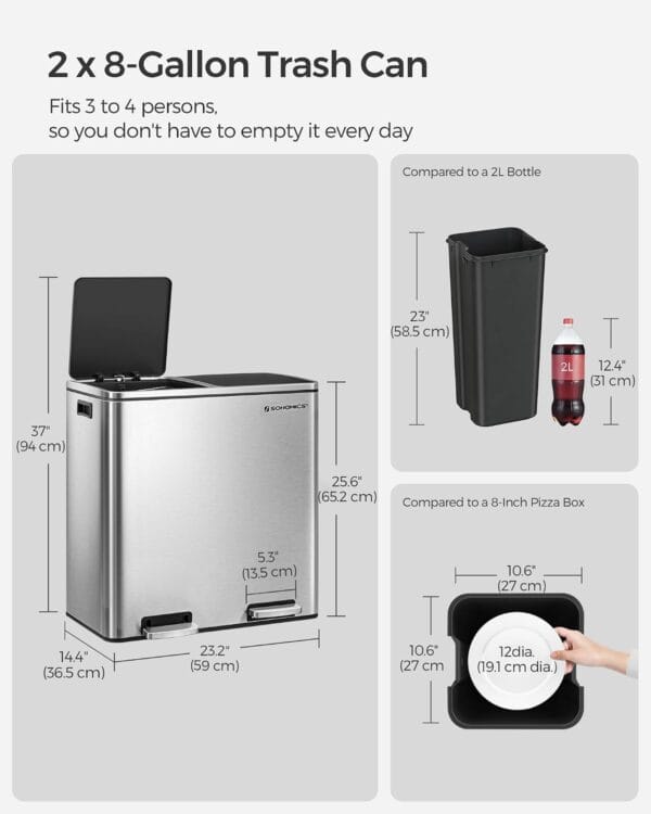 61eyphm3z-L._AC_SL1500_ SONGMICS Trash Can, 2 x 8 Gallon (2 x 30 L) Garbage Can for Kitchen with 15 Trash Bags
