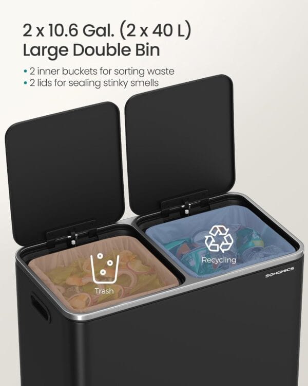 719lhHCFqDL._SL1500_ SONGMICS Dual Rubbish Bin, Metal Recycling Bin with 15 Rubbish Bags