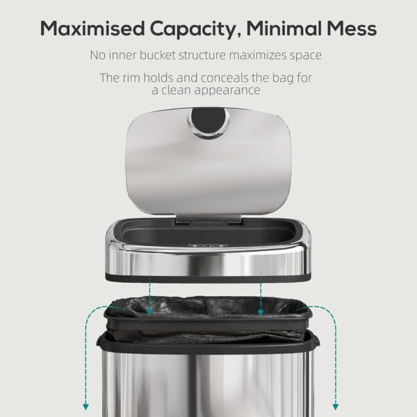 HOMCOM 50L Sensor Bin with Soft-Close Lid Automatic Kitchen Bin Silver Tone Electronic Touchless Motion Sensor