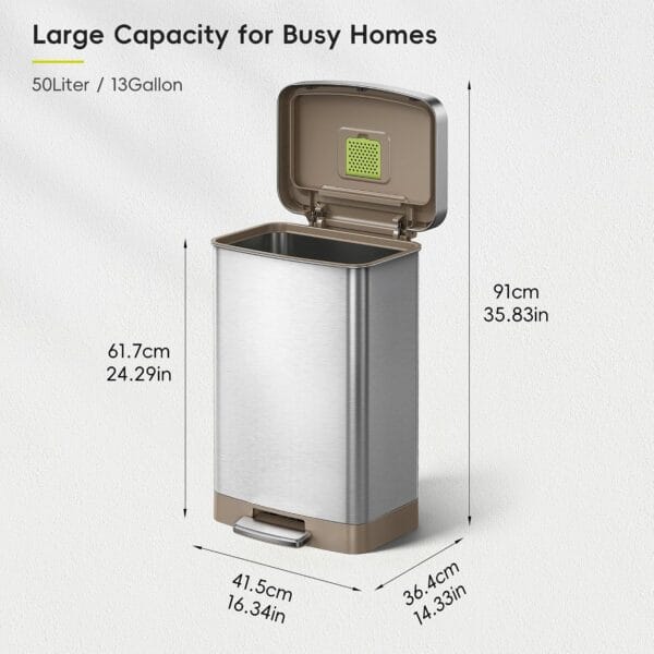 EKO Hudson Matte Stainless 50 Liter/13.2 Gallon Step Trash Can with Rear Trash Bag Storage Compartment