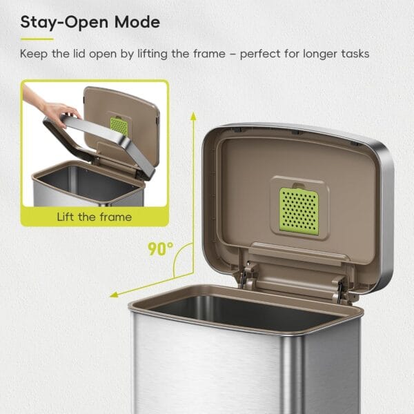 EKO Hudson Matte Stainless 50 Liter/13.2 Gallon Step Trash Can with Rear Trash Bag Storage Compartment