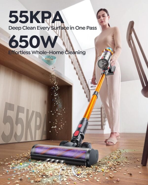 80Mins Cordless Vacuum Cleaner, 650W 55Kpa Stick Vacuum Cleaner for Home