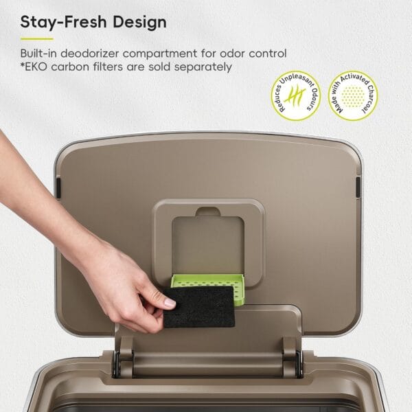 EKO Hudson Matte Stainless 50 Liter/13.2 Gallon Step Trash Can with Rear Trash Bag Storage Compartment
