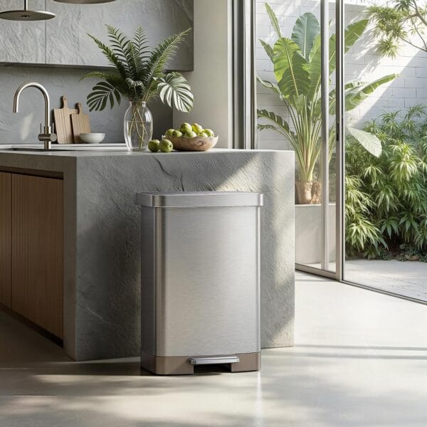 EKO Hudson Matte Stainless 50 Liter/13.2 Gallon Step Trash Can with Rear Trash Bag Storage Compartment