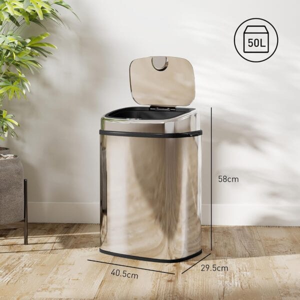 HOMCOM 50L Sensor Bin with Soft-Close Lid Automatic Kitchen Bin Silver Tone Electronic Touchless Motion Sensor