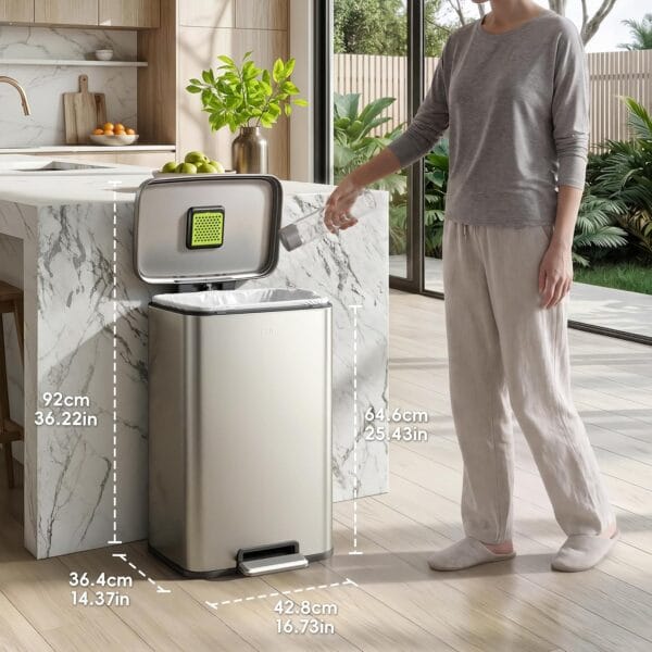 EKO Madison Brushed Stainless 50 Liter/13.2 Gallon Step Trash Can with Inner Liner